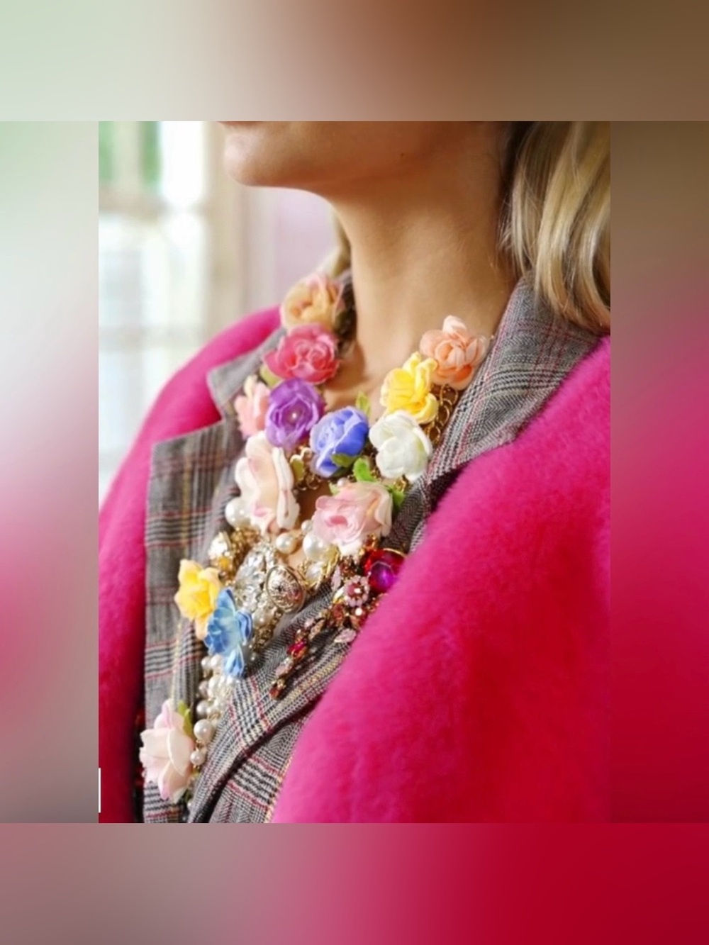 Aratta Rosaline Multi-Color Floral Statement Necklace with Pearl & Gold Chains - Picture 3 of 9